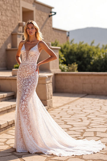 Ivory Mermaid V Neck Lace Long Wedding Dress